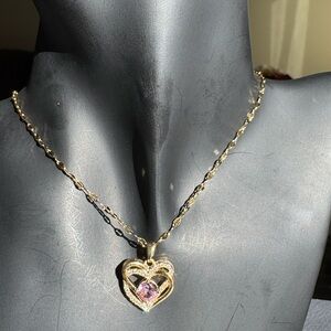 Gold Heart Pendant Necklace with Pink Stone